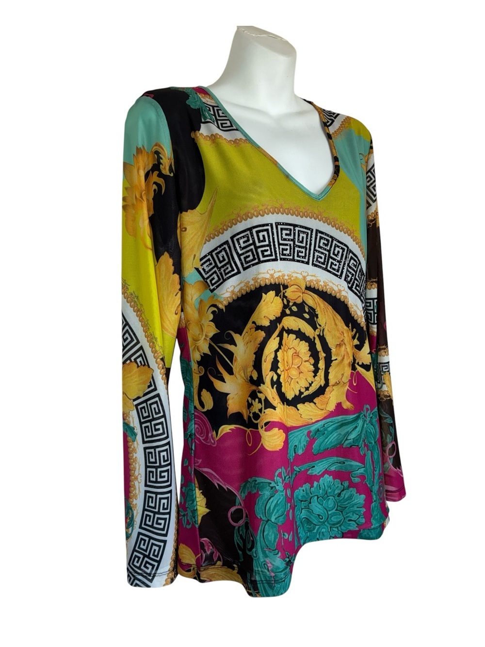 DOLCE BOUTIQUE Top, Women's, L,  Multi-Color, Black Rhinestones, Long Sleeve EUC